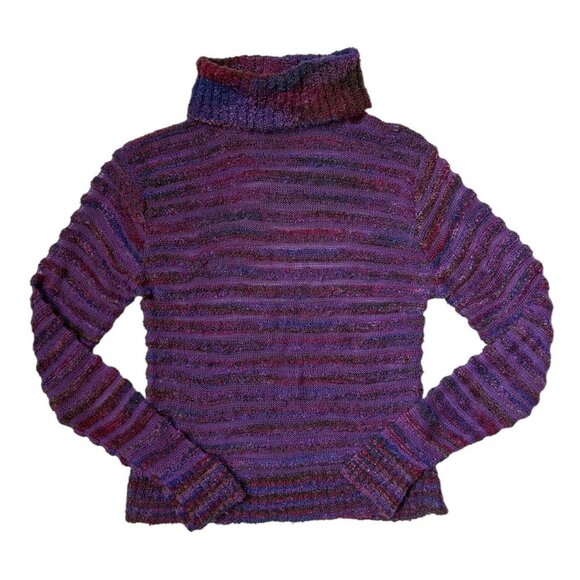 70s vintage long sleeve turtleneck sweater top fitted striped textured pattern. - Picture 5 of 6